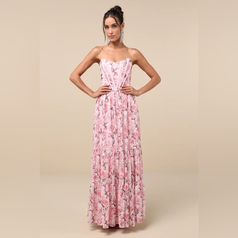 Lulus Special Moment Pink Floral Strapless Bustier Maxi Dress